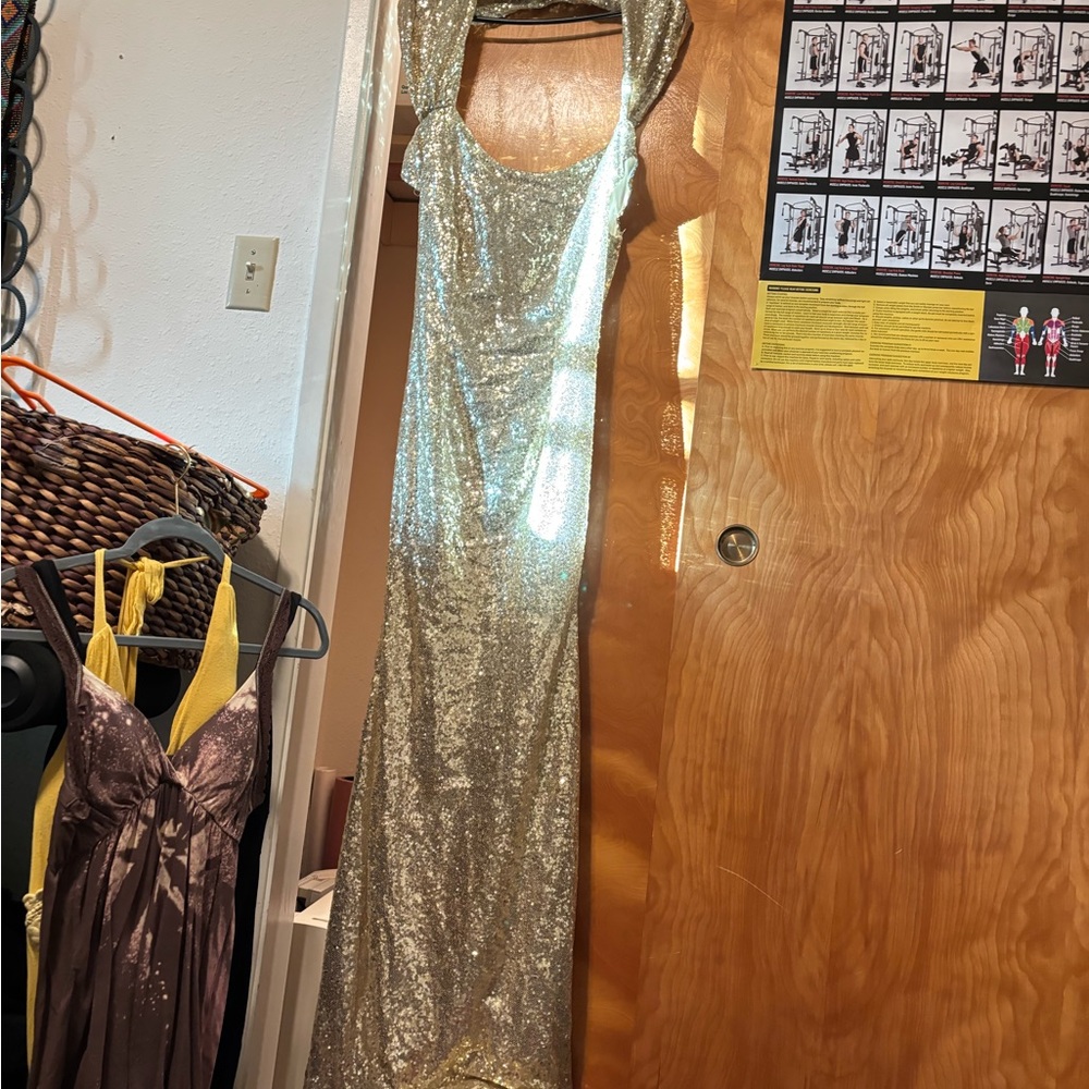 Gorgeous elegant flashy classy sequined gold floor length swoop back dress.
